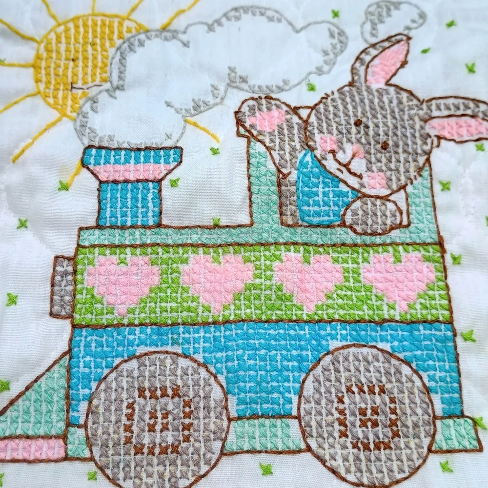 Vintage Bucilla Baby Bib Cross Stitch Bunny Rabbit On Train Unisex